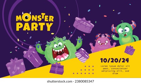 Monster Party Banner Template with Funny Monsters. Happy Birthday Greeting or Invitation Design Template for Anniversary in Cartoon Style. Vector Illustration.