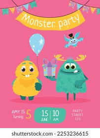 Monster party birthday invitation. Yellow and green devil with gifts and balloons. Holiday, festival and event. Design for invitation card. Imagination and fantasy. Cartoon flat vector illustration