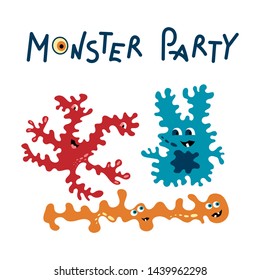 Monster party card design. Vector flat illustration