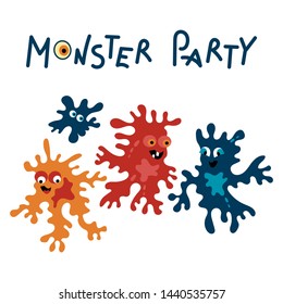 Monster party card design. Vector flat illustration
