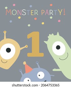 Monster party card design. Vector illustration in cartoon style with funny monsters.