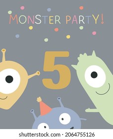 Monster party card design. Vector illustration in cartoon style with funny monsters.