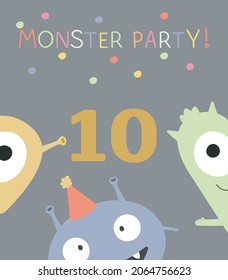 Monster party card design. Vector illustration in cartoon style with funny monsters.