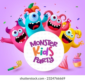 Monster party character vector design. Birthday kids party monster, mascot and cute creature for children costume and mascot. Vector illustration greeting card  template.