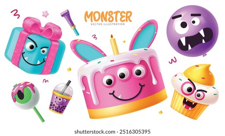 Monstruo de personajes de fiesta Elementos Vector diseño de conjunto. Elementos de Halloween de cumpleaños colección como pastel, regalo, globo, pastel de taza y jugo lindo personaje aislado en fondo blanco. Vector 