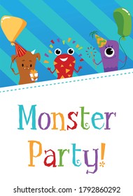 Monster party creative invitation card design with little devil monsters cartoon characters and colorful letters, flat vector illustration. Childish celebration template.
