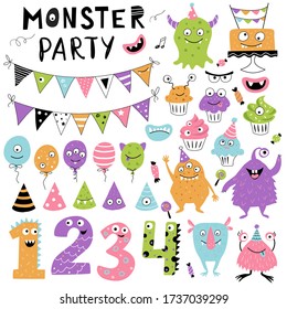 Monster party element set with Cute Scary characters, air balloons, cupcakes and festive flags, hand drawn vector illustration