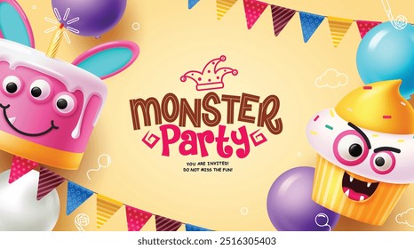 Diseño de Vector de texto de saludo de fiesta de monstruo. Tarjeta de invitación de cumpleaños con pastel lindo, pastel de taza traviesa y Elementos de decoración de banderines. Fondo de tarjeta de fiesta de cumpleaños de Ilustración vectorial. 
