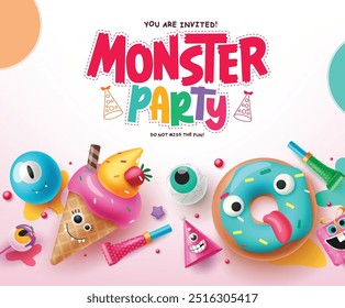 Monster party greeting text vector design. Halloween birthday invitation card with ice cream, donut, balloons, party hat and gift inflatable creature elements. Vector illustration kids party card 