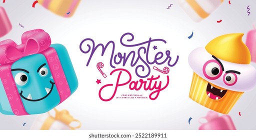 Monster party greeting text vector template design. Birthday party with gift box and ice cream characters elements for kids costume celebration. Vector illustration invitation card design. 
