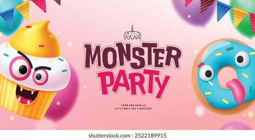 Diseño de Vector de texto de saludo de fiesta de monstruo. Tarjeta de invitación de Halloween de cumpleaños con Elementos de personajes de pastel de taza y dona en fondo borroso. Diseño de tarjeta de felicitación de Ilustración vectorial. 
