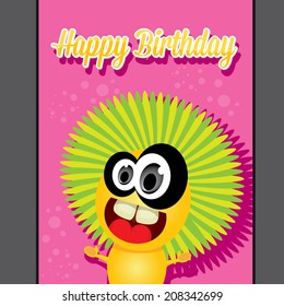 monster party happy birthday card design template. vector illustration