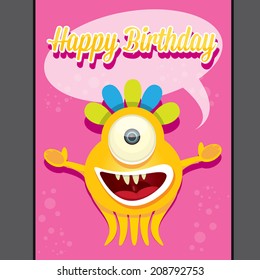 monster party happy birthday card design template. vector illustration