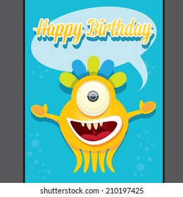 monster party happy birthday card design template. vector illustration