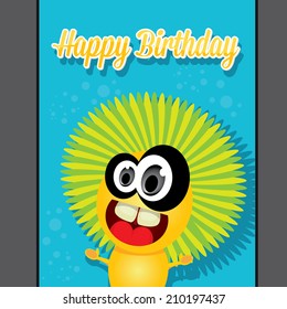 monster party happy birthday card design template. vector illustration