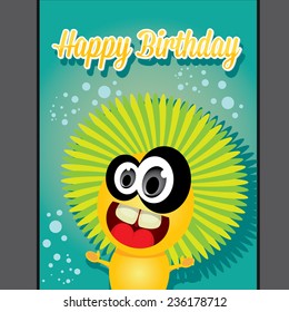 monster party happy birthday card design template. vector illustration
