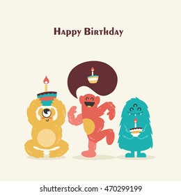 Monster party. Happy birthday greeting card. Vector illustration.