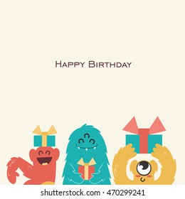 Monster party. Happy birthday greeting card. Vector illustration.