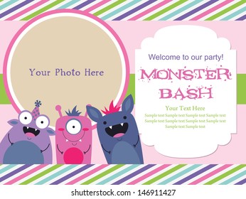 Monster Party Invitation Card Design With Place For Photo. Vector Illustration