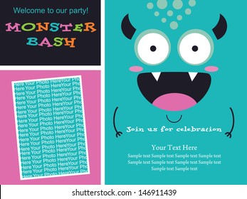 monster party invitation card design with place for photo. vector illustration