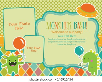 monster party invitation card design with place for photo. vector illustration