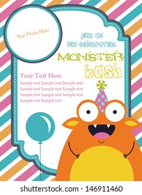 Monster Party Invitation Card Design With Place For Photo. Vector Illustration