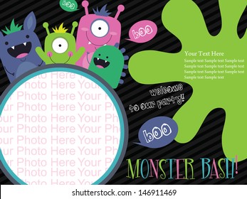 monster party invitation card design with place for photo. vector illustration