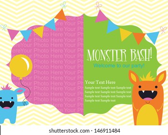 monster party invitation card design with place for photo. vector illustration