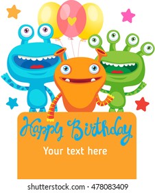 Monster Party Invitation Card Design With Place For Text. Colorful Vector Cartoon Illustration. Funny Birthday Greeting.
