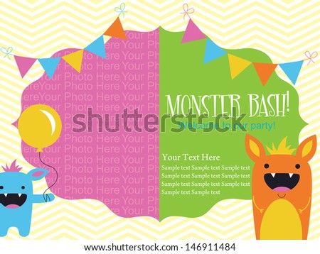 monster party invitation card design with place for photo. vector illustration