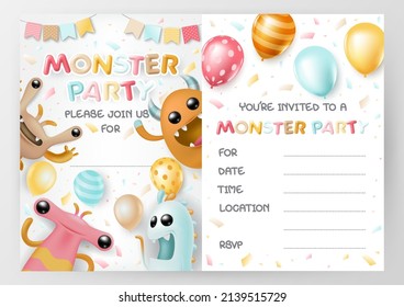 Monster Party Invitation Card Template For Kids, Birthday, Cute Little Monster, Vector Illustration.