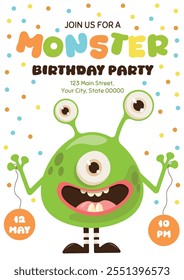 Monster party invitation, children's invitation card, party, vector illustration, green monster, character