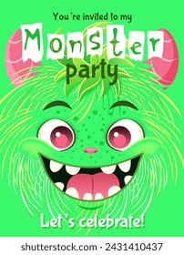Monster party invitation. Happy Birthday greeting card. Festive postcard featuring a fluffy cartoon monster. Vector design with a cute creature for your celebration event. Layered template with text.