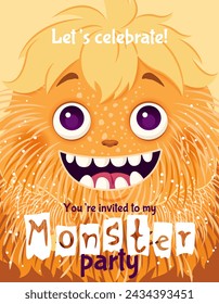 Monster party invitation. Happy Birthday greeting card. Festive postcard featuring a fluffy cartoon monster. Vector design with a cute creature for your celebration event. Layered template with text.