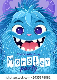 Monster party invitation. Happy Birthday greeting card. Festive postcard featuring a fluffy cartoon monster. Vector design with a cute creature for your celebration event. Layered template with text.