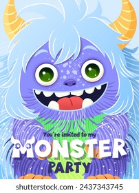 Monster party invitation. Happy Birthday greeting card. Festive postcard featuring a fluffy cartoon monster. Vector design with a cute creature for your celebration event. Layered template with text.