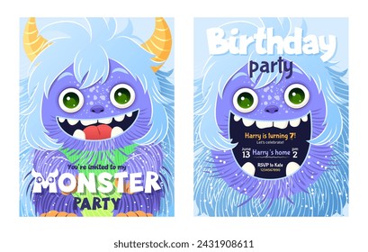 Monster party invitation set. Happy Birthday greeting cards. Festive postcards featuring a fluffy cartoon monster. Vector design with a cute creature for your celebration event. Layered template.