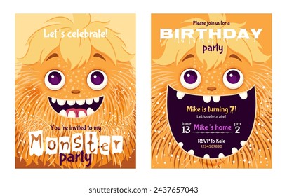 Monster party invitation set. Happy Birthday greeting cards. Festive postcards featuring a fluffy cartoon monster. Vector design with a cute creature for your celebration event. Layered template.