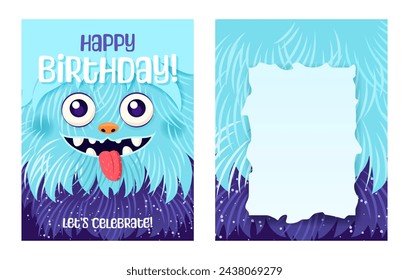 Monster party invitation set. Happy Birthday greeting cards. Festive postcards featuring a fluffy cartoon monster. Vector design with a cute creature for your celebration event. Layered template.