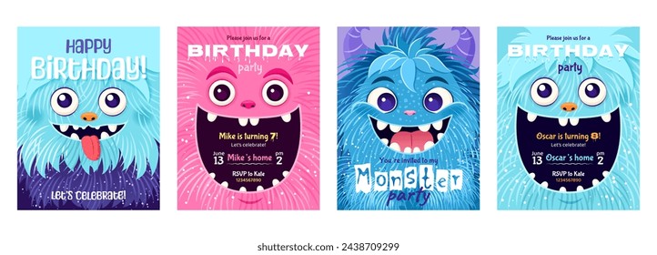 Monster party invitation set. Happy Birthday greeting cards. Festive postcards featuring a fluffy cartoon monster. Vector design with a cute creatures for your celebration event. Layered templates.