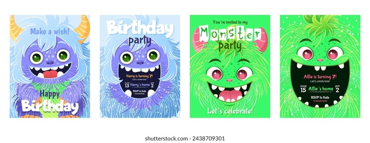 Monster party invitation set. Happy Birthday greeting cards. Festive postcards featuring a fluffy cartoon monster. Vector design with a cute creatures for your celebration event. Layered templates.