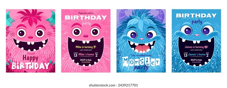 Monster party invitation set. Happy Birthday greeting cards. Festive postcards featuring a fluffy cartoon monster. Vector design with a cute creatures for your celebration event. Layered templates.