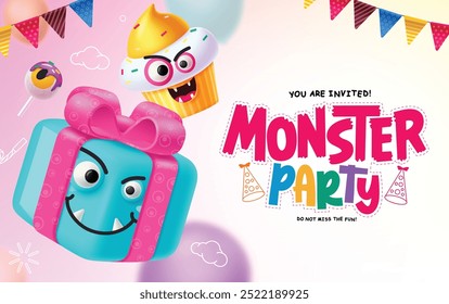 Diseño de Vector de invitación de fiesta de monstruo. Texto de saludo de fiesta de cumpleaños con personajes de caja de regalo y pastel de taza en fondo de banderines. Diseño de tarjeta de invitación de Ilustración vectorial. 
