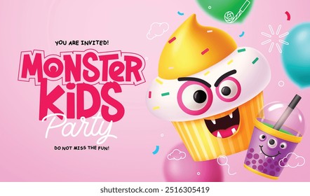 Diseño de Vector de niños de fiesta de monstruo. Tarjeta de invitación de cumpleaños con Elementos traviesos de la torta de la taza y de los caracteres del jugo feliz en fondo rosado. Diseño de tarjeta de felicitación de fiesta de Ilustración vectorial. 
