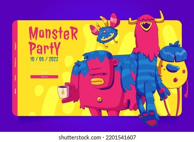 Monster party landing page template. Funny contemporary illustration of zombie, alien, supernatural characters standing, flying on yellow background. Halloween celebration promo website. Vector design