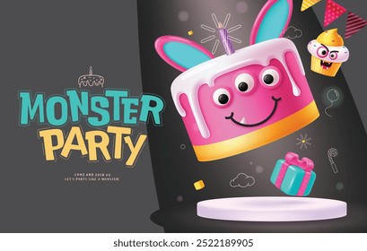 Diseño de Vector de podio de fiesta de monstruo. Tarjeta de invitación de Halloween de cumpleaños con Elementos de decoración de escenario de podio para niños fondo de celebración de fiesta. Plantilla de tarjeta de felicitación de Ilustración vectorial.  
