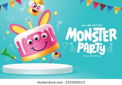 Diseño de Plantilla de Vector de podio de fiesta de monstruo. Tarjeta de invitación de cumpleaños con personaje de pastel de conejo, pastel de taza y decoración de Elementos de piruleta. Ilustración vectorial de la exhibición del producto. 
