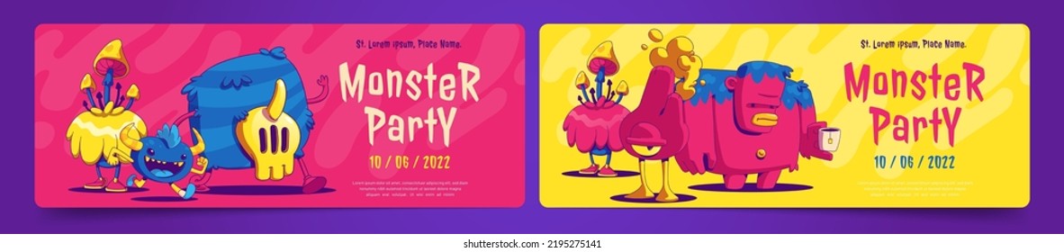 Monster party posters with cute alien creatures in contemporary art style. Vector invitation flyers to kids event or holiday celebration with funny comic monsters, whimsical characters