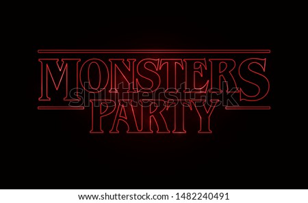 Monster Party text design, Halloween word theme Red glow text on black background. 80