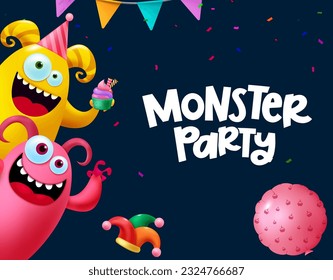 Diseño vectorial de texto de la fiesta del monstruo. Celebración de cumpleaños con una criatura mascota linda, divertida y sonriente. Dibujo vectorial decoración de cumpleaños de caricaturas monstruosas. 